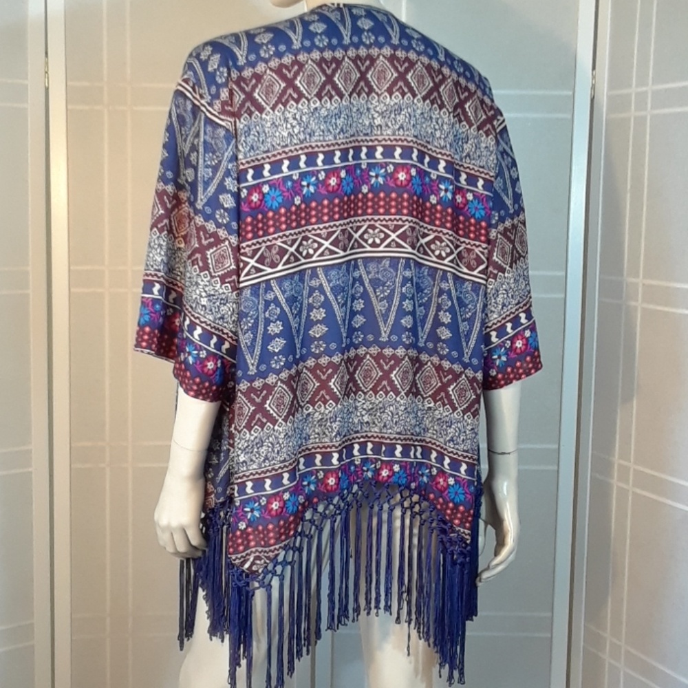 Fringed rayon kimono cover-up M